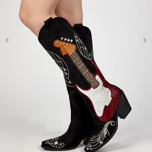 Guitar Embellished Black and Red Heeled Boots